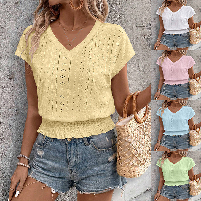 Women Summer Eyelet Top Casual V Neck Short Sleeve Smocked Shirt
