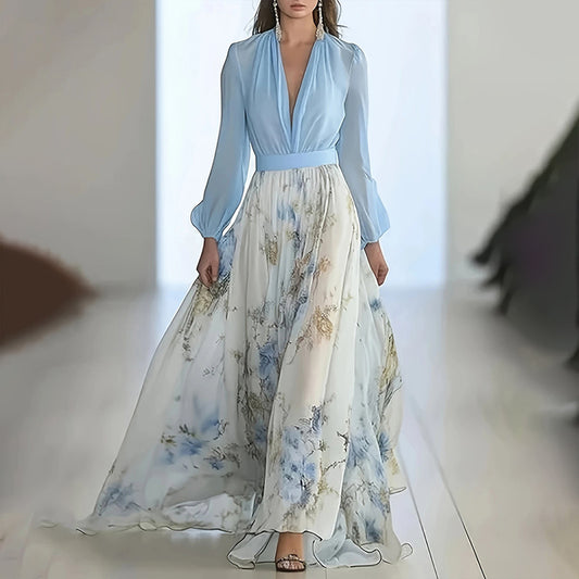 Women's Deep V-Neck Floral Print Boho Maxi Dress With Long Sleeves