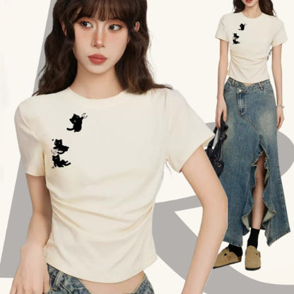 White Cat Round Neck Shoulder Short Sleeve shirt
