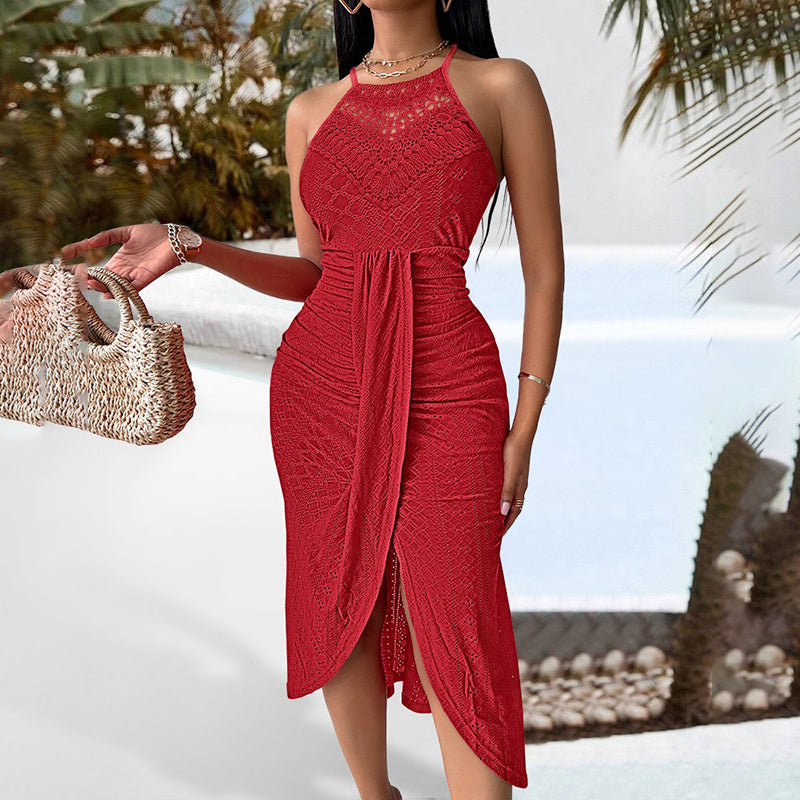 Women's Halter Neck Ruched Bodycon Midi Dresses