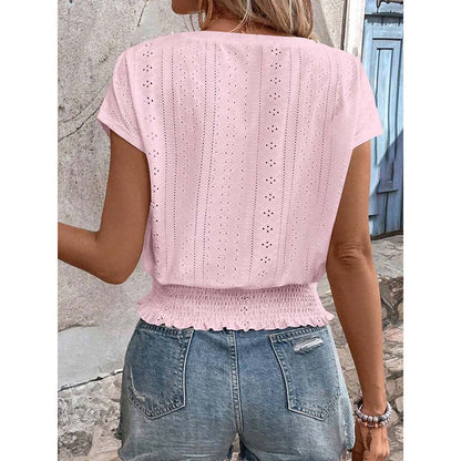 Women Summer Eyelet Top Casual V Neck Short Sleeve Smocked Shirt
