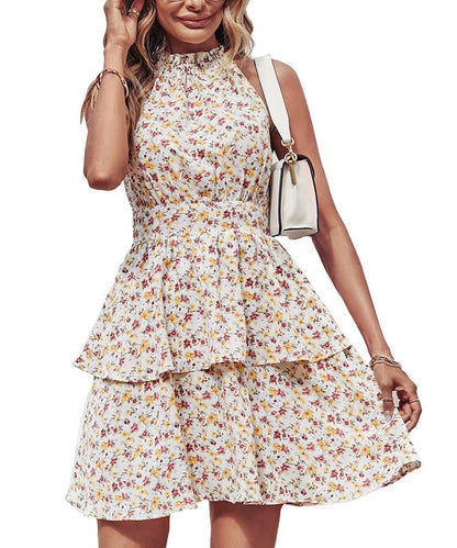 Printed Halter Dress Fashion Boho Backless Ruffled A-Line Beach Dresses