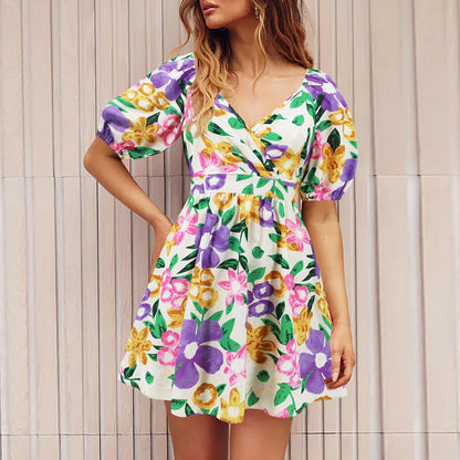 Flowers Print V-Neck Lantern-sleeve Dress Y2K Summer Vacation Beach Short Dresses