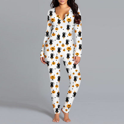Halloween Printed Jumpsuit Long Sleeve Home Pajamas Casual Trousers