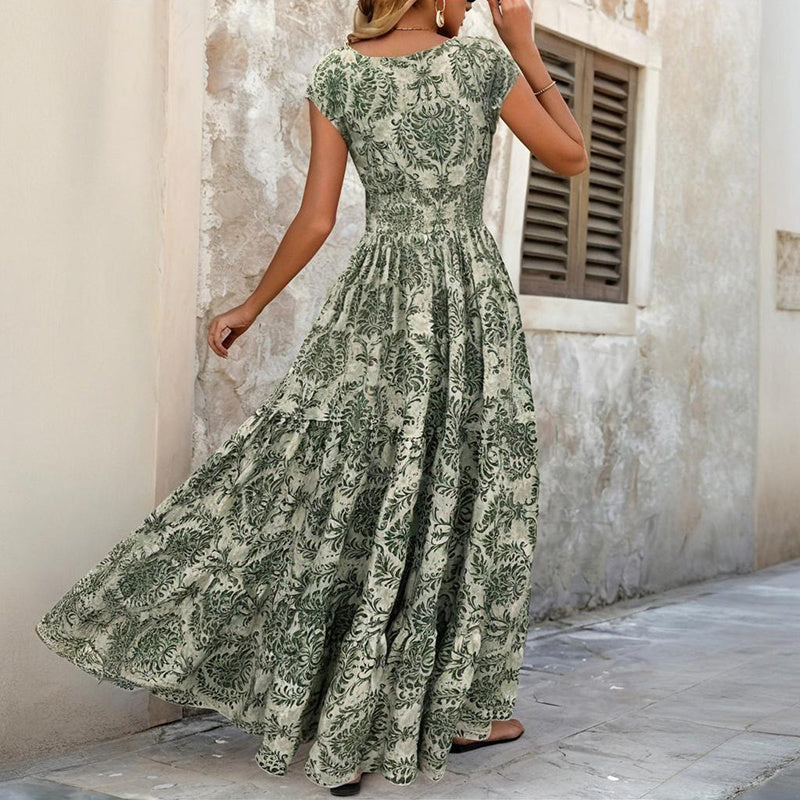 Women's  V-Neck Short Sleeve Maxi Dress Summer Prints And Flowy Big Hem Beach Dresses