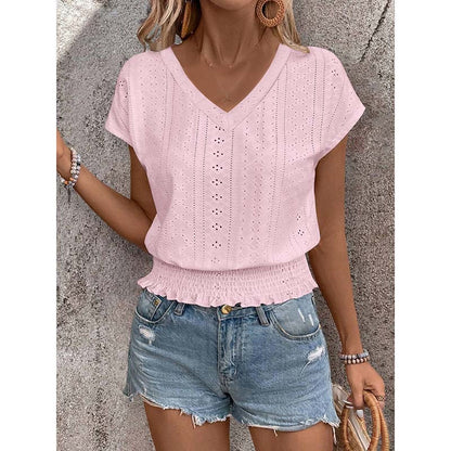 Women Summer Eyelet Top Casual V Neck Short Sleeve Smocked Shirt
