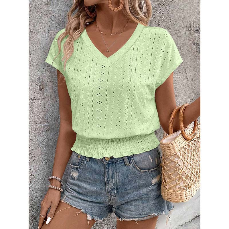Women Summer Eyelet Top Casual V Neck Short Sleeve Smocked Shirt