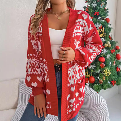 Open Front Cardigan Knitwear Xmas Printed Deer Sweater