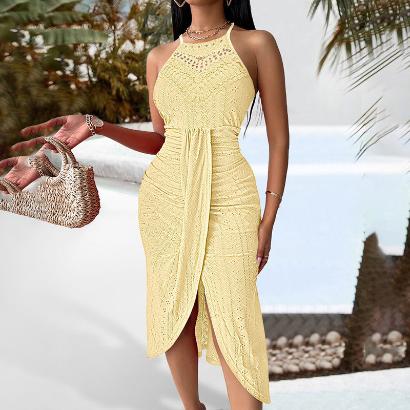 Women's Halter Neck Ruched Bodycon Midi Dresses