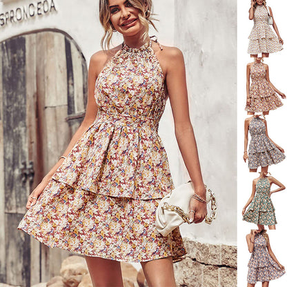 Printed Halter Dress Fashion Boho Backless Ruffled A-Line Beach Dresses
