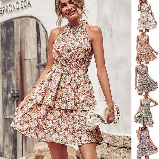 Printed Halter Dress Fashion Boho Backless Ruffled A-Line Beach Dresses