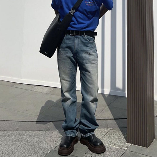 Straight Slim Jeans With Washed Old Blue Stitching
