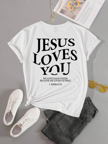 Jesus Loves You Letter Print Women T-Shirt