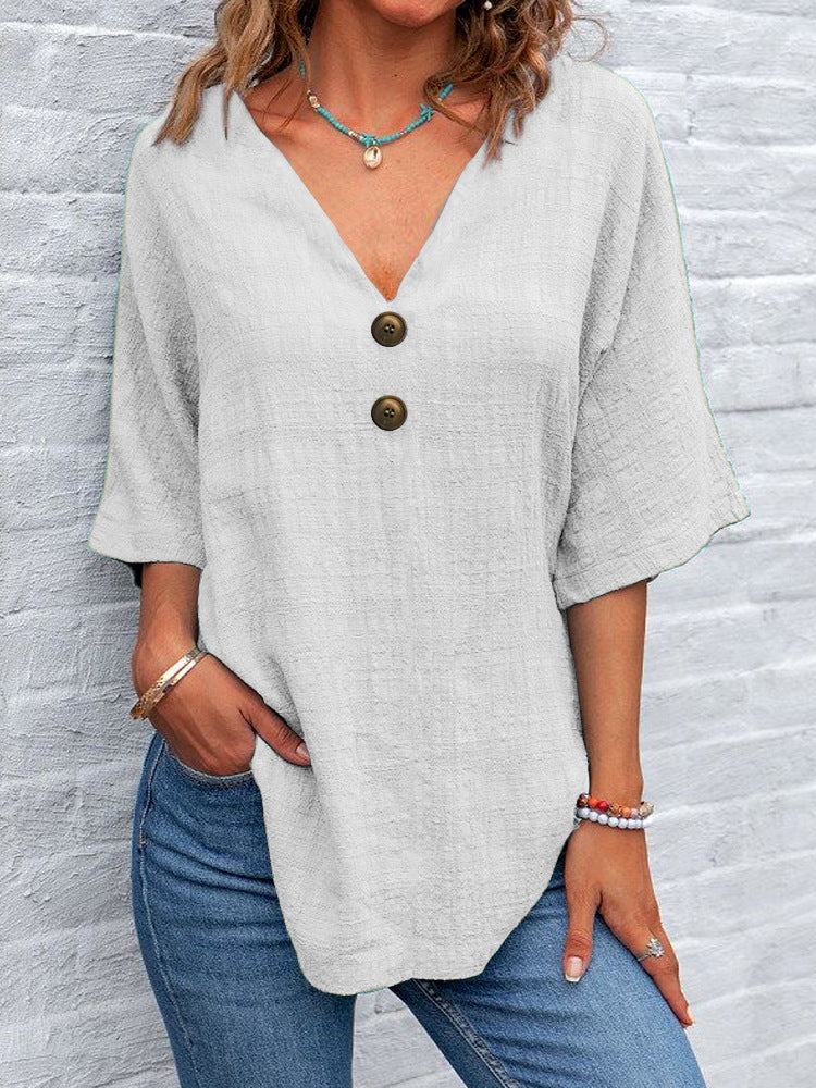 Casual V-neck Short Sleeve Regular Pullover Multi-color Women's Button Top
