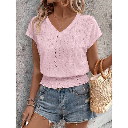 Women Summer Eyelet Top Casual V Neck Short Sleeve Smocked Shirt