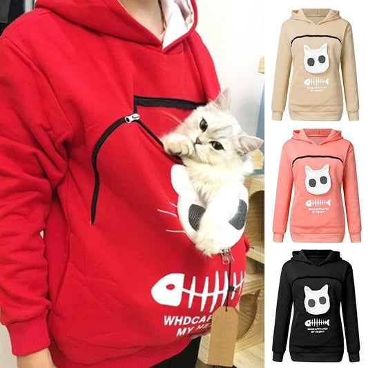 Women Hoodie With Cat Pet Pocket Design
