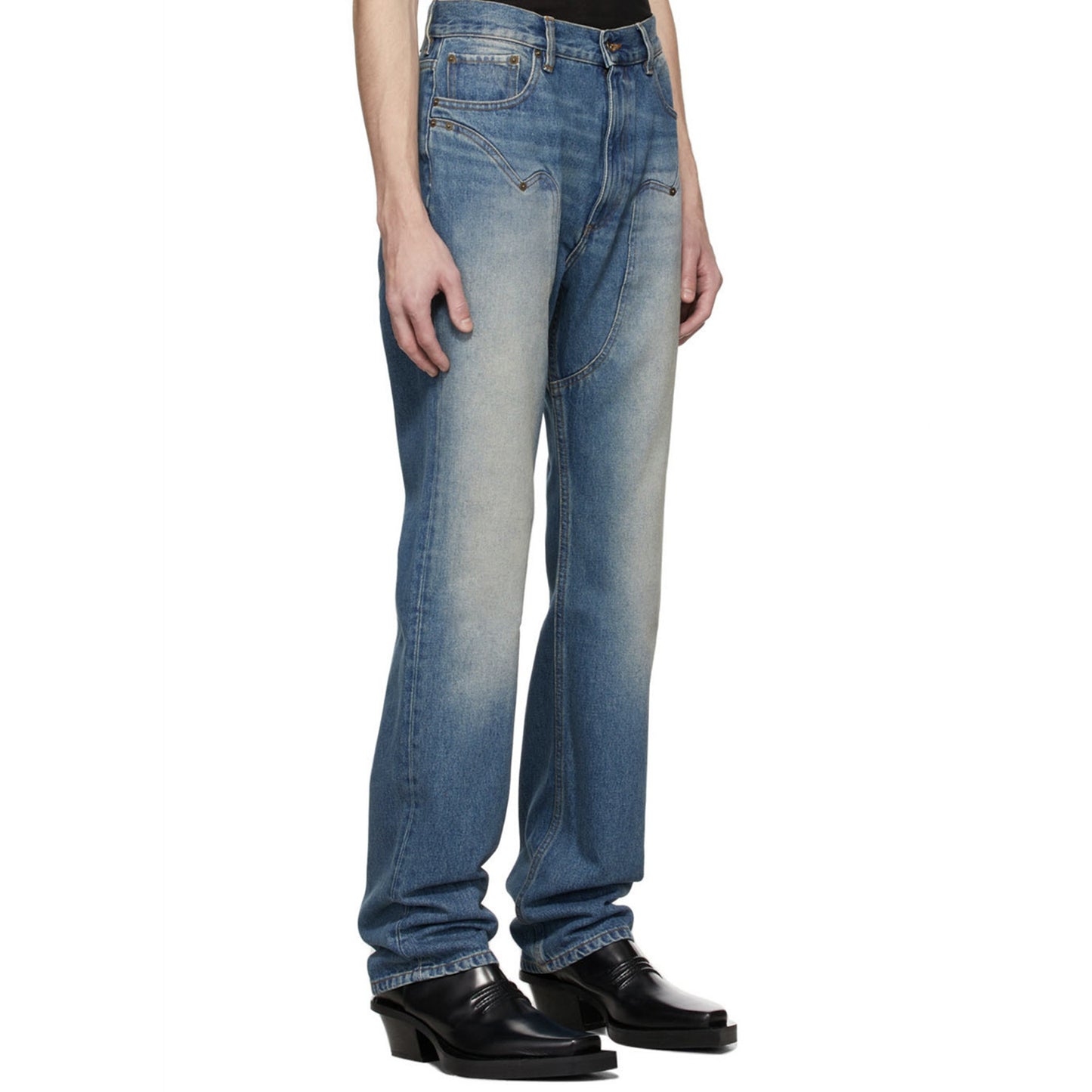 Straight Slim Jeans With Washed Old Blue Stitching