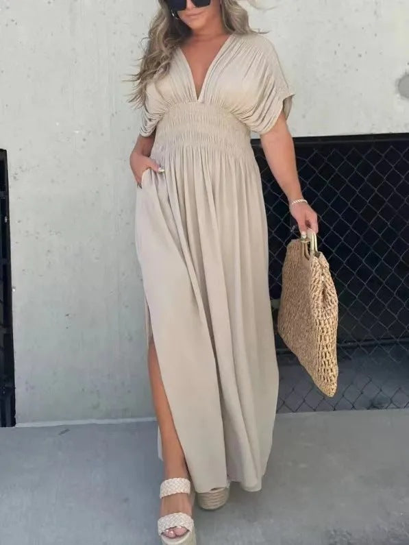 Fashion Bat-sleeved V-neck Slit Dress Summer Short Sleeve