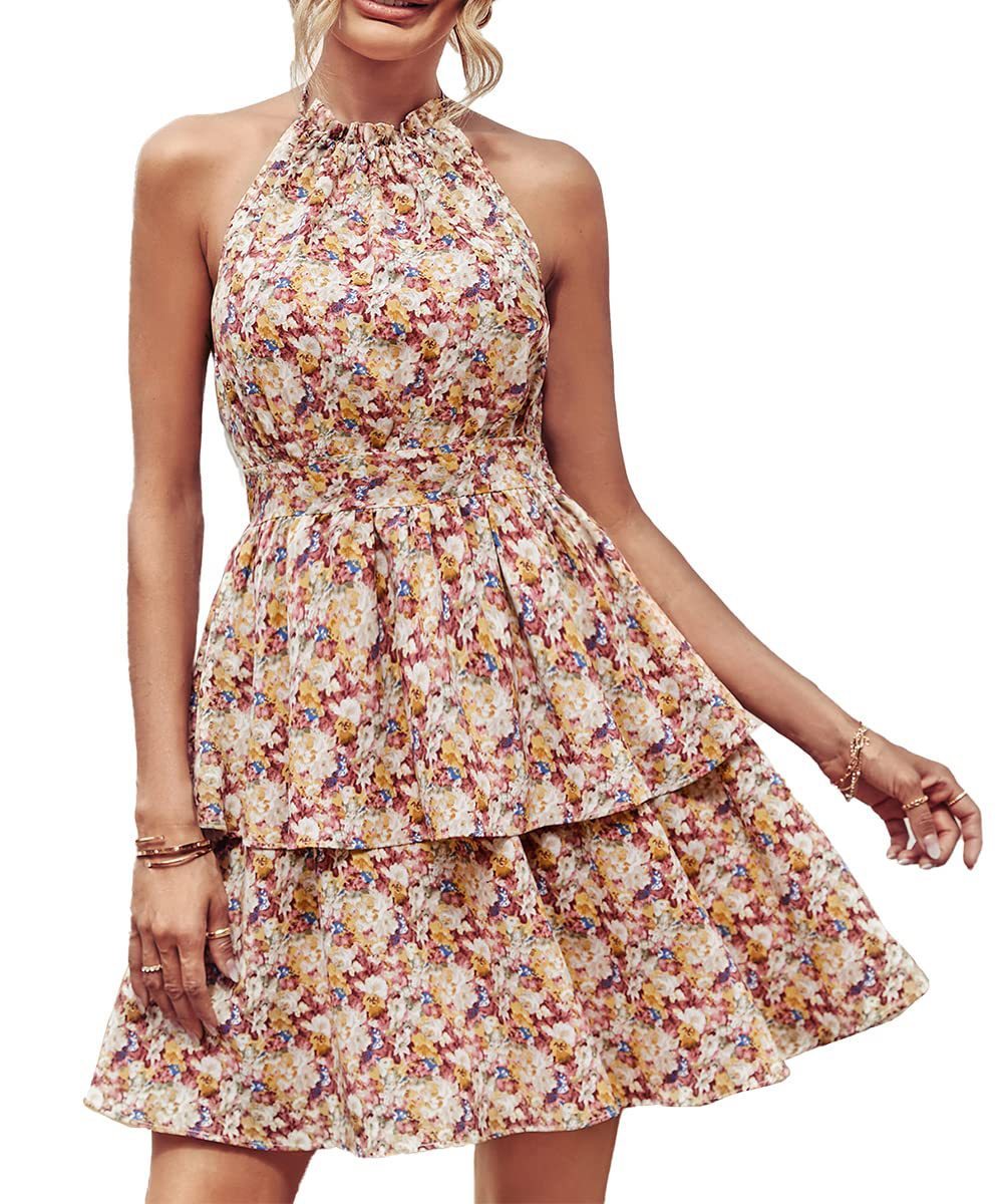 Printed Halter Dress Fashion Boho Backless Ruffled A-Line Beach Dresses