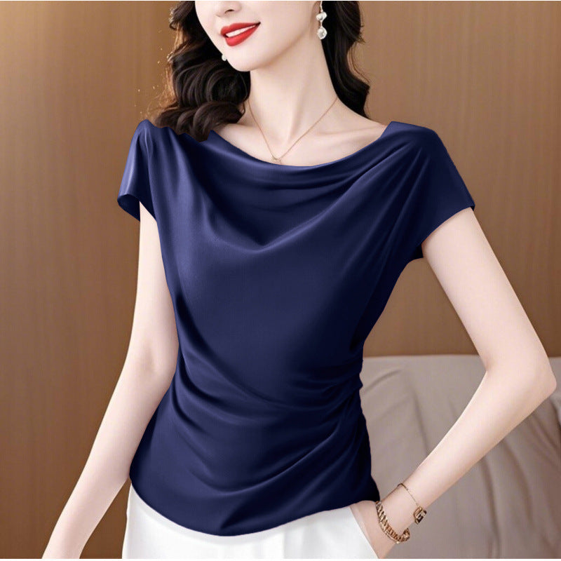 Fashion Waist-controlled Acetate Satin Pile Collar Short Sleeve T-shirt