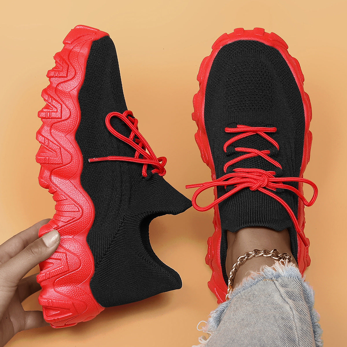 Plus Size Women's Sports Shoes Breathable Fly-knit Socks Shoes