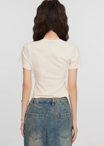 White Cat Round Neck Shoulder Short Sleeve shirt