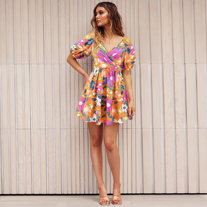 Flowers Print V-Neck Lantern-sleeve Dress Y2K Summer Vacation Beach Short Dresses