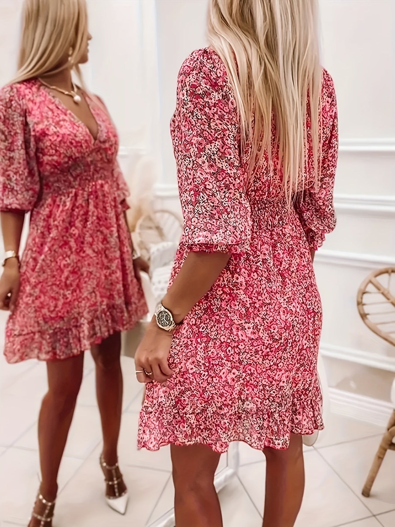 V-neck Printed Dress With Ruffled Sleeves And Waist-exquisite