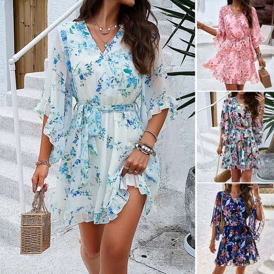 Summer Floral Print Short Sleeves Dress Lace Up Ruffles Design Fashion
