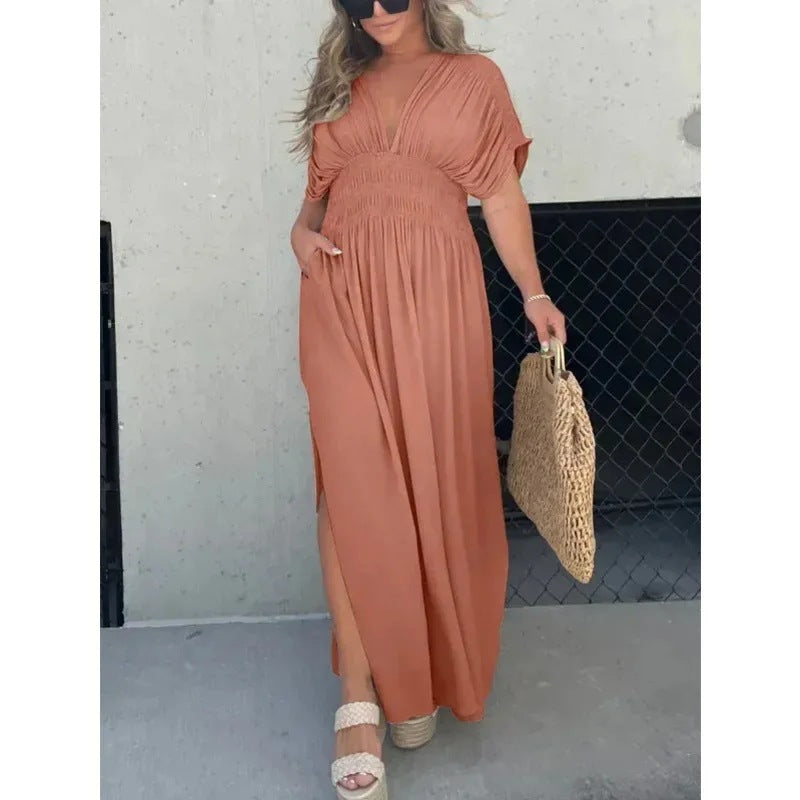 Fashion Bat-sleeved V-neck Slit Dress Summer Short Sleeve