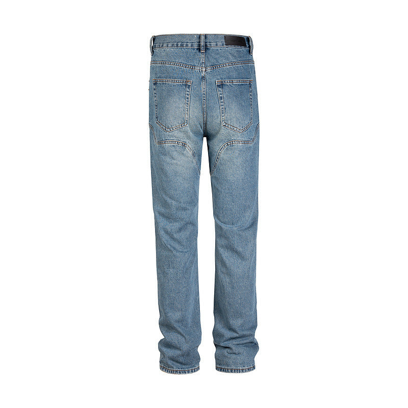 Straight Slim Jeans With Washed Old Blue Stitching