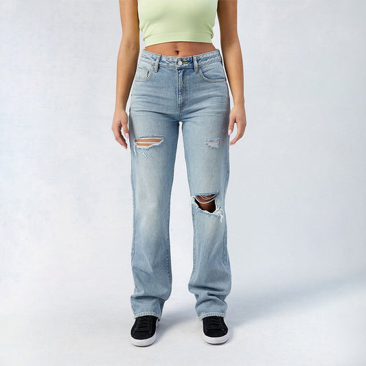 High-Waist Jeans, Wide-Leg Full-Length With Center Pleat, Cotton Denim For All Seasons