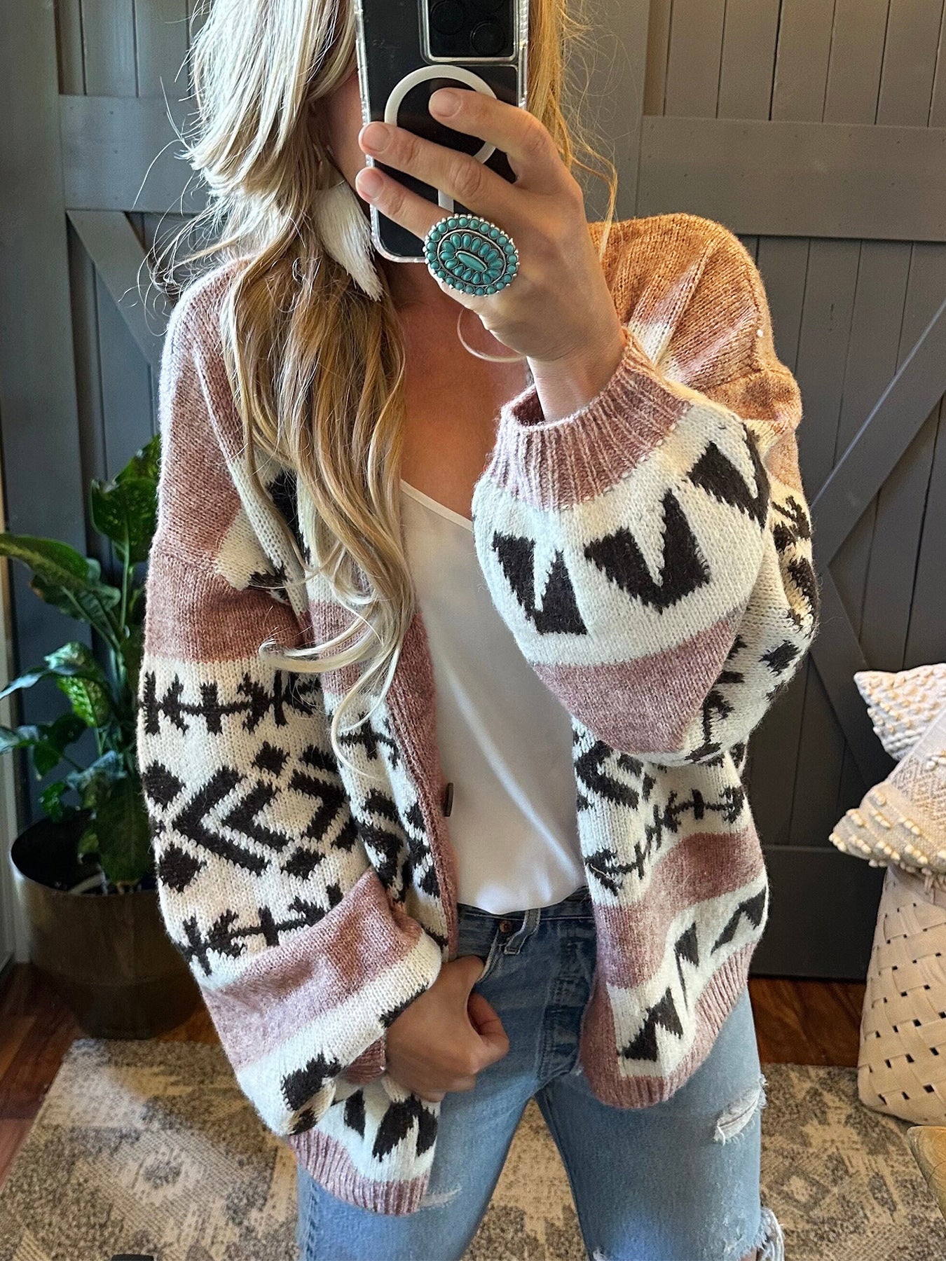Loose And Lazy Style Jacquard Knitted Cardigan Sweater