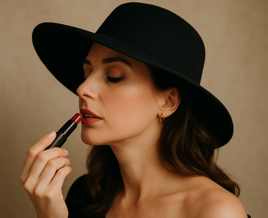 Woman applying red lipstick wearing a black hat against a beige background