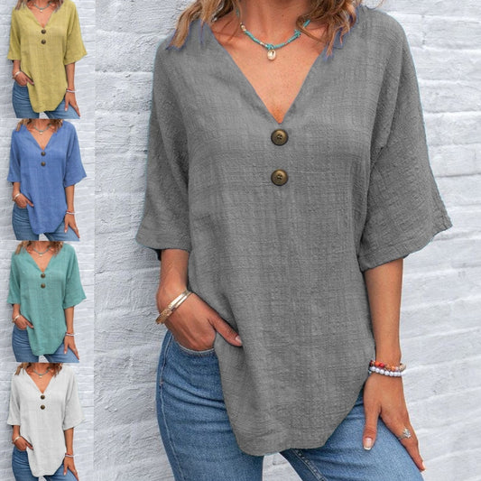 Casual V-neck Short Sleeve Regular Pullover Multi-color Women's Button Top