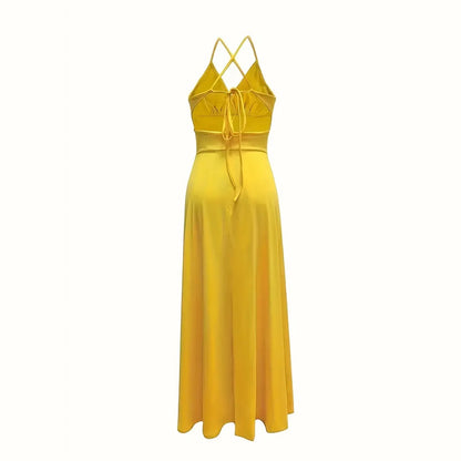 Women's Deep V Neck Maxi Dress Spaghetti Strap Sleeveless Backless High Slit Long Dress
