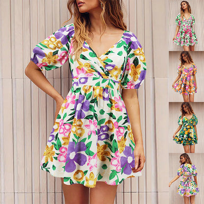 Flowers Print V-Neck Lantern-sleeve Dress Y2K Summer Vacation Beach Short Dresses