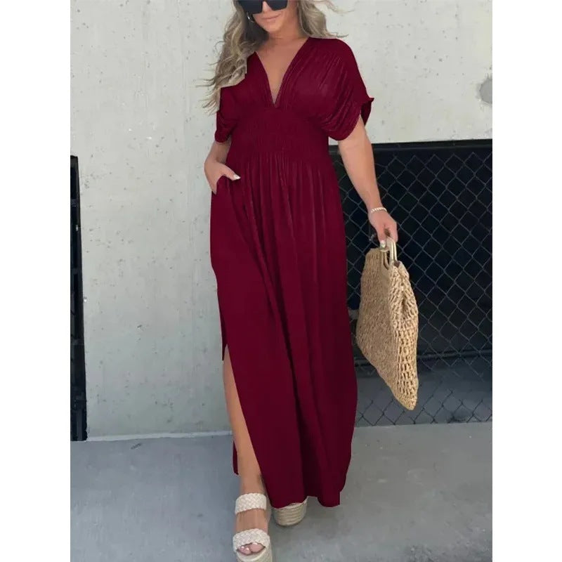 Fashion Bat-sleeved V-neck Slit Dress Summer Short Sleeve