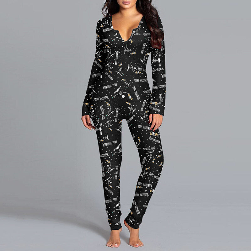 Halloween Printed Jumpsuit Long Sleeve Home Pajamas Casual Trousers