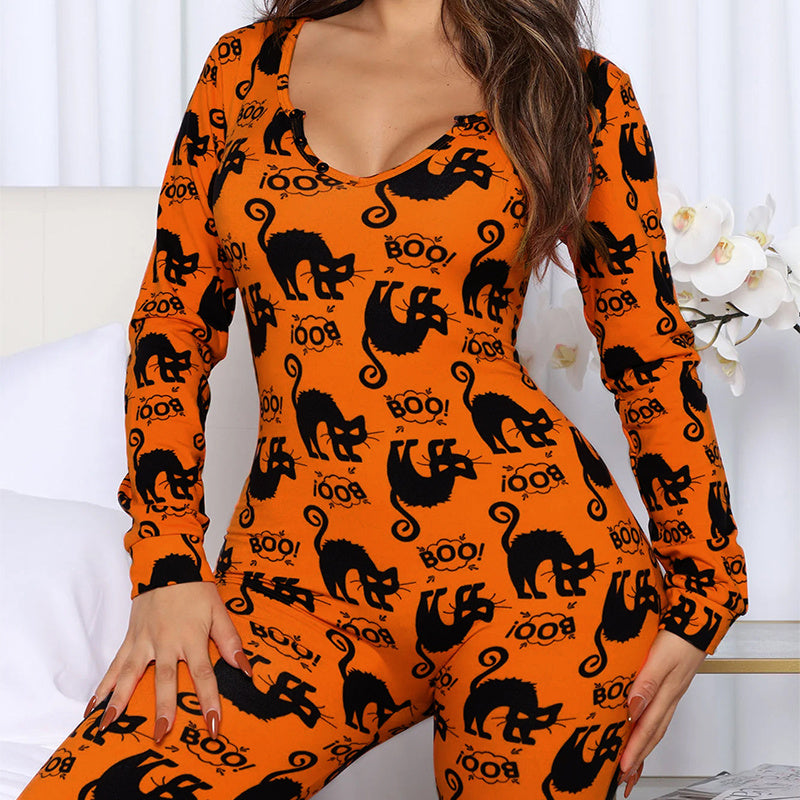 Halloween Printed Jumpsuit Long Sleeve Home Pajamas Casual Trousers