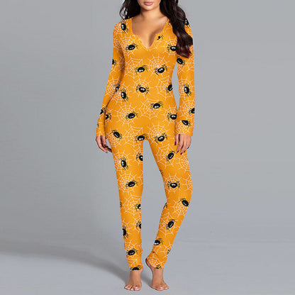 Halloween Printed Jumpsuit Long Sleeve Home Pajamas Casual Trousers