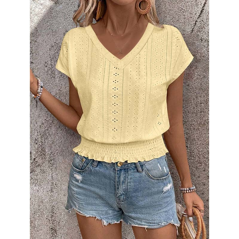 Women Summer Eyelet Top Casual V Neck Short Sleeve Smocked Shirt