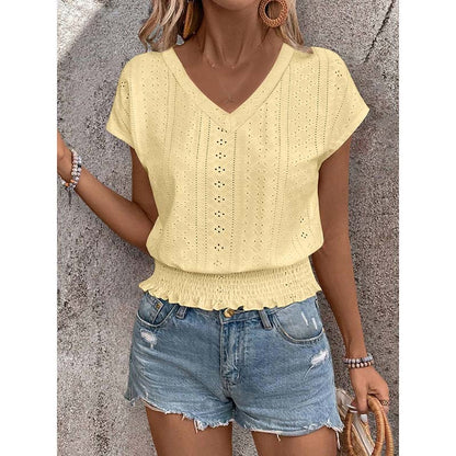 Women Summer Eyelet Top Casual V Neck Short Sleeve Smocked Shirt