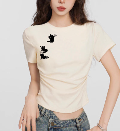 White Cat Round Neck Shoulder Short Sleeve shirt
