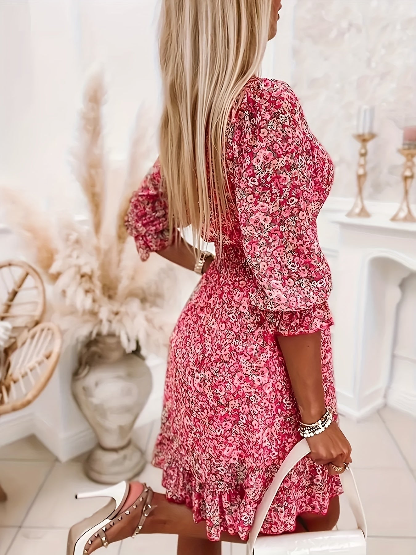 V-neck Printed Dress With Ruffled Sleeves And Waist-exquisite