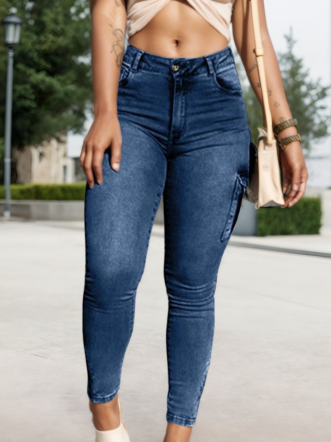 Multi-pocket High-stretch Mid-rise Zipper-hem Skinny Pencil Pants, Urban Style Women's Jeans And Clothing Cargo Jeans