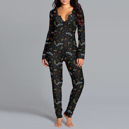 Halloween Printed Jumpsuit Long Sleeve Home Pajamas Casual Trousers