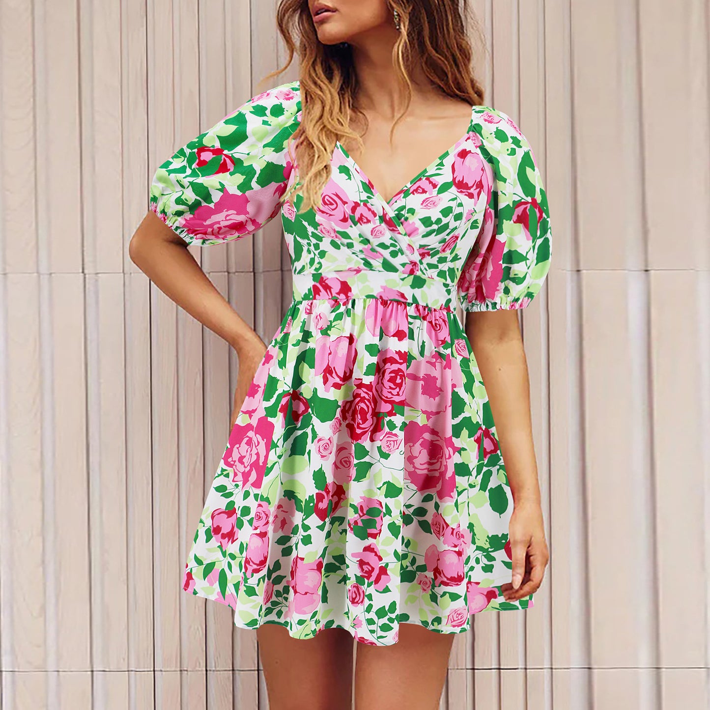 Flowers Print V-Neck Lantern-sleeve Dress Y2K Summer Vacation Beach Short Dresses