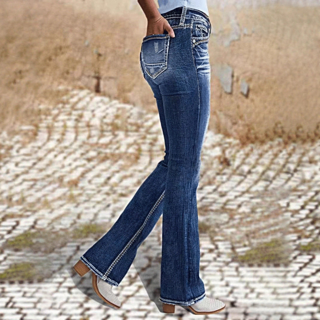 Mid Waist Stretch Washed Jeans Simple Slim Fit
