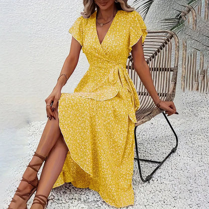 Women's Summer Floral Boho Dress Wrap V Neck Short Sleeve